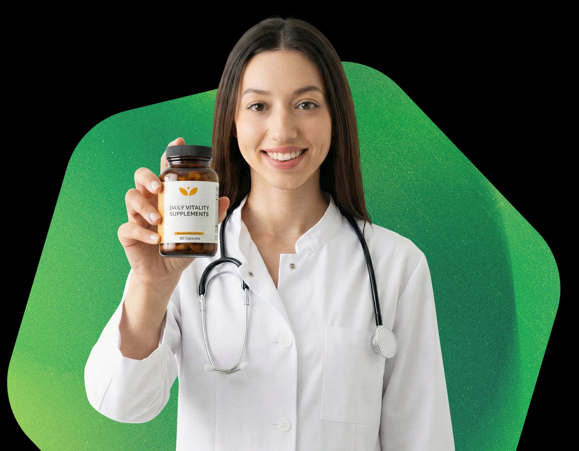 Clinical practitioner holding a branded supplement bottle