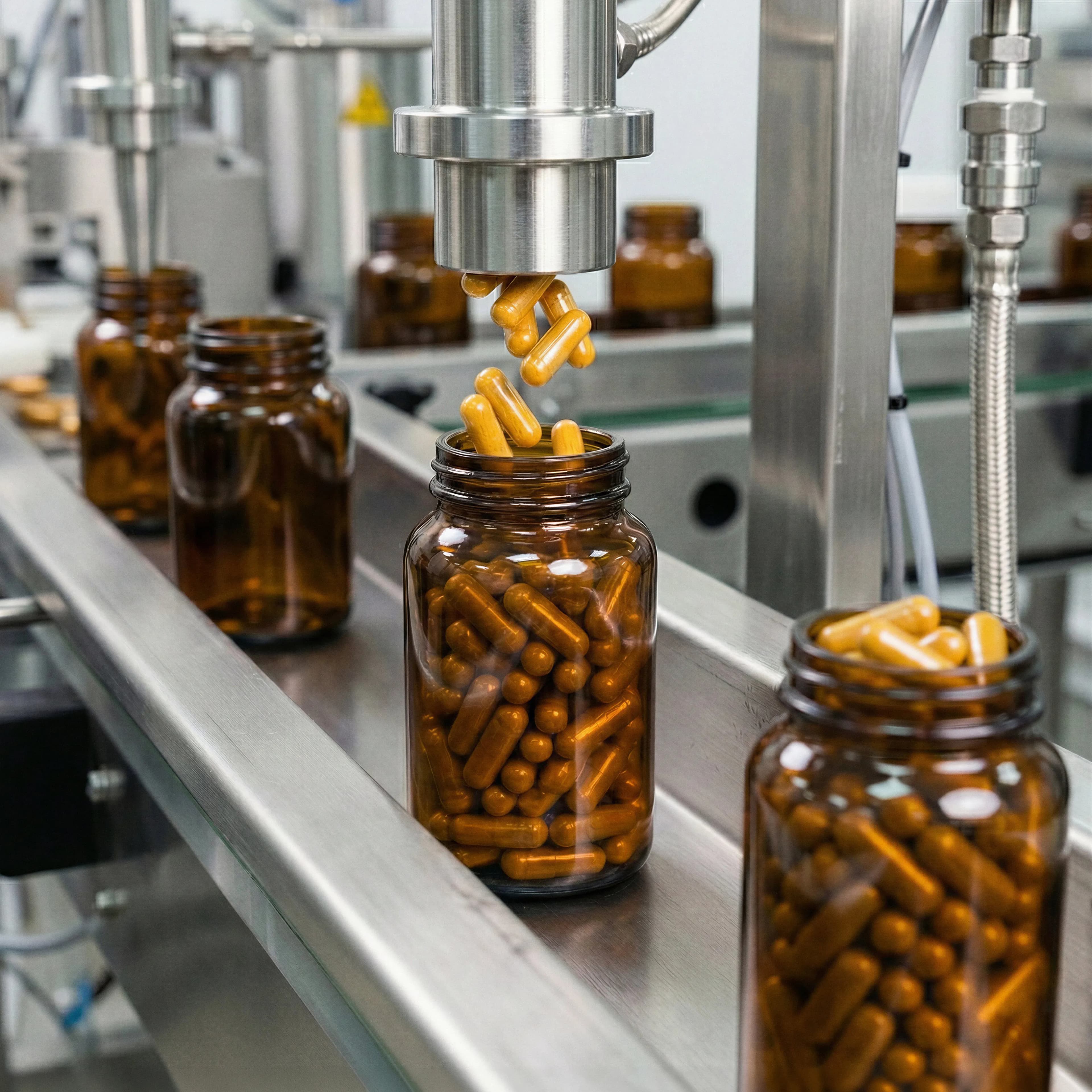 Supplement capsules being filled in a GMP manufacturing facility